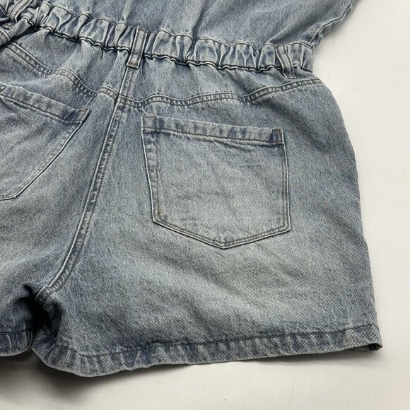 Blank NYC Women's Size Medium 80s Retro Snap Button Light Wash Denim Jean Romper - Picture 11 of 13